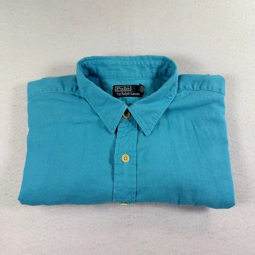 Vintage Polo Ralph Lauren Mens 2XB Blue Linen Cotton Short Sleeve Button Pockets